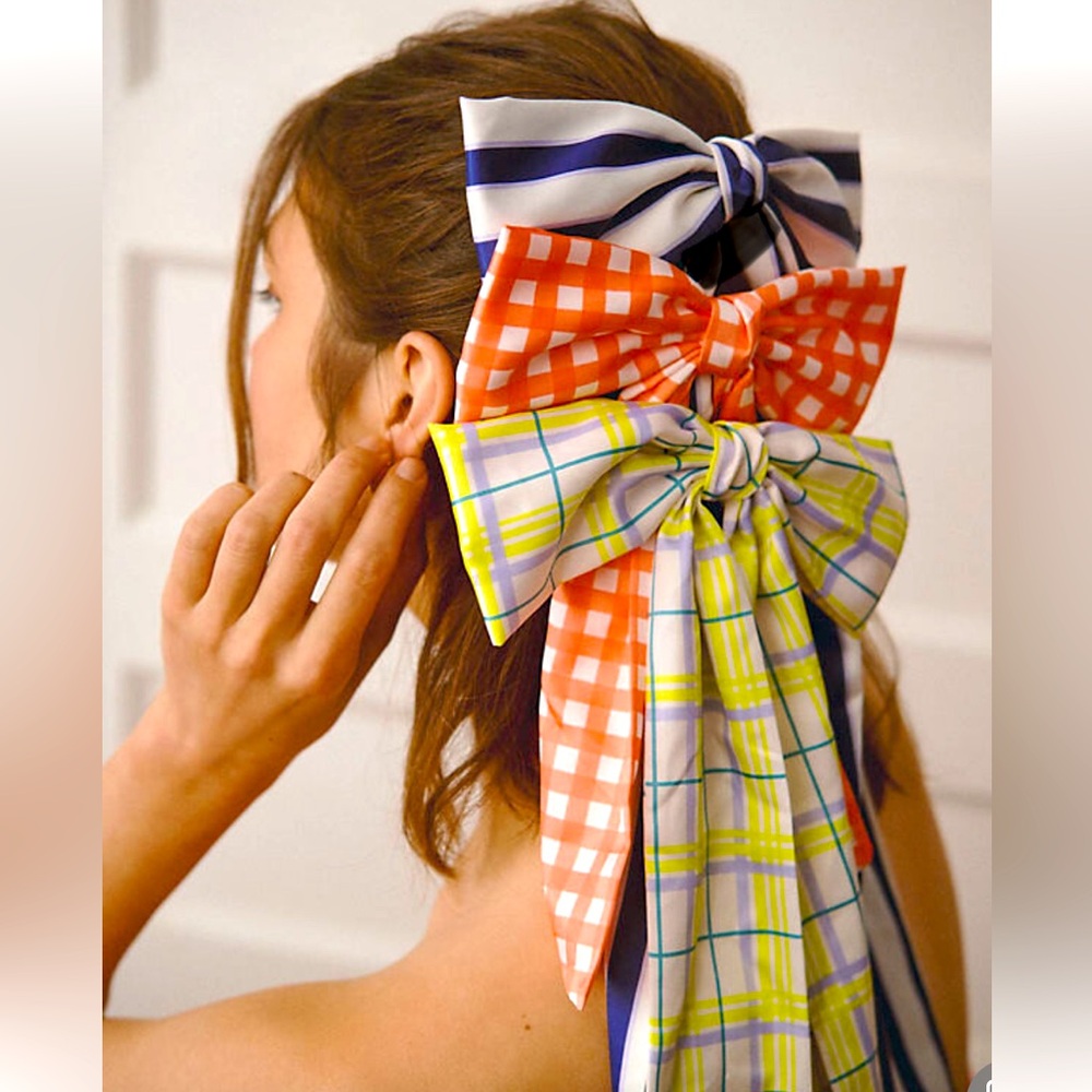 Anthropologie Hair Clip Plaid Patterned Bow NeonYellow Teal & Lavender On White